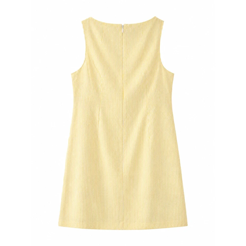 London Times Yellow Seersucker Dress Size 8 Sleeveless Lace Detail Shift Resort - Picture 3 of 8